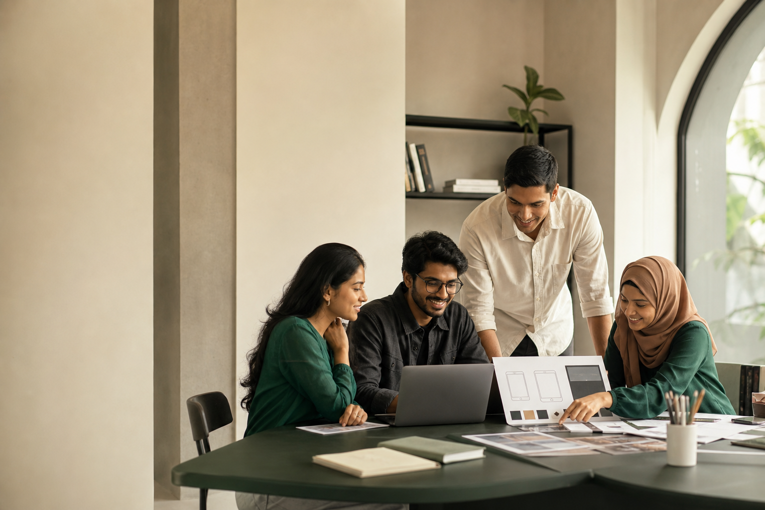 A Bangladeshi technology team collaborating around a digital product prototype